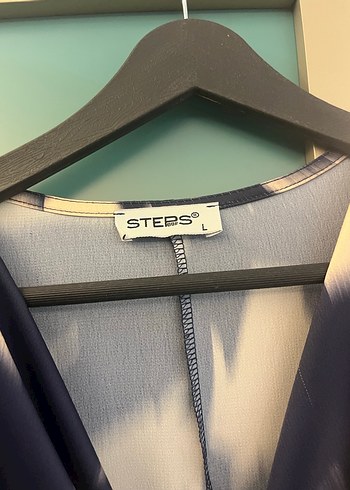 Bej Lacivert Bağlama Detaylı Midi Elbise - Görsel 2