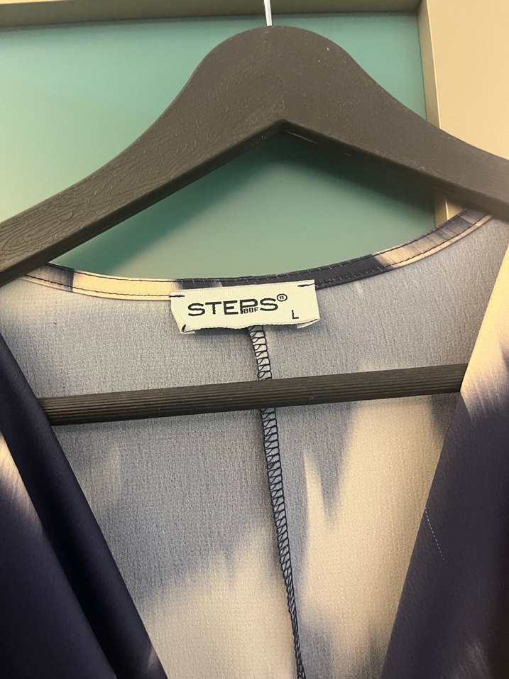 Bej Lacivert Bağlama Detaylı Midi Elbise - Görsel 2