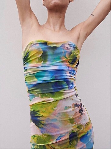 Zara Desenli Straplez Elbise - Görsel 2