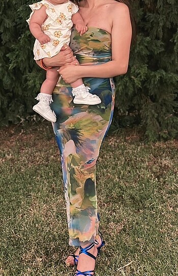 Zara Desenli Straplez Elbise - Görsel 5