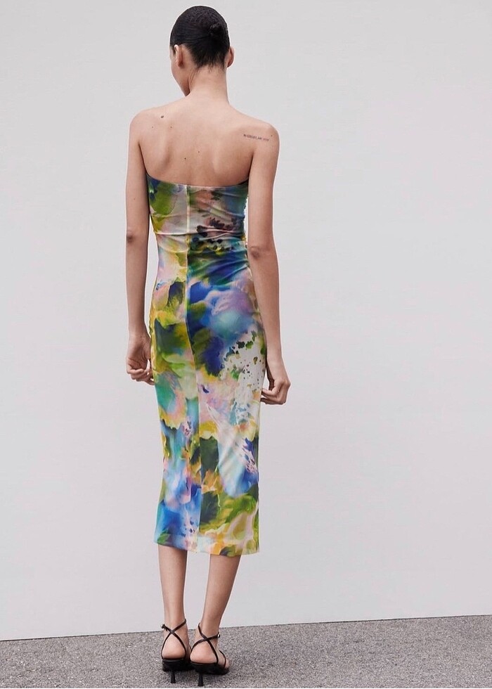 Zara Desenli Straplez Elbise - Görsel 3