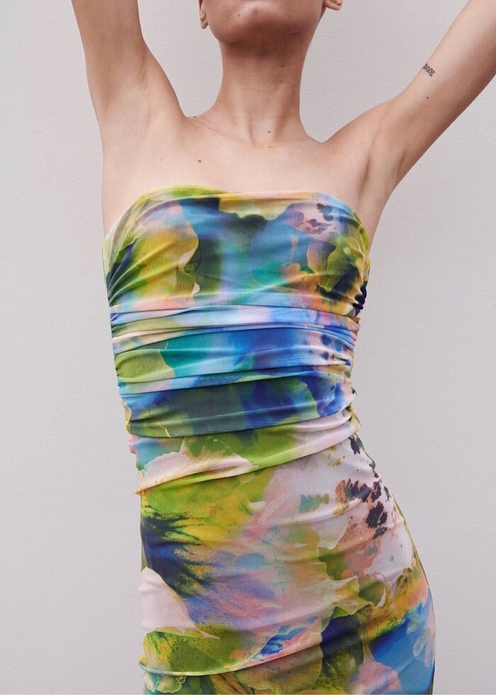 Zara Desenli Straplez Elbise - Görsel 2