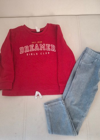 Kızlar için Renkli Baskılı Kırmızı Sweatshirt ve Denim Eşofman