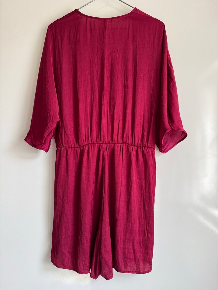 Bordo V Yaka Kısa Tulum Elbise - Görsel 2