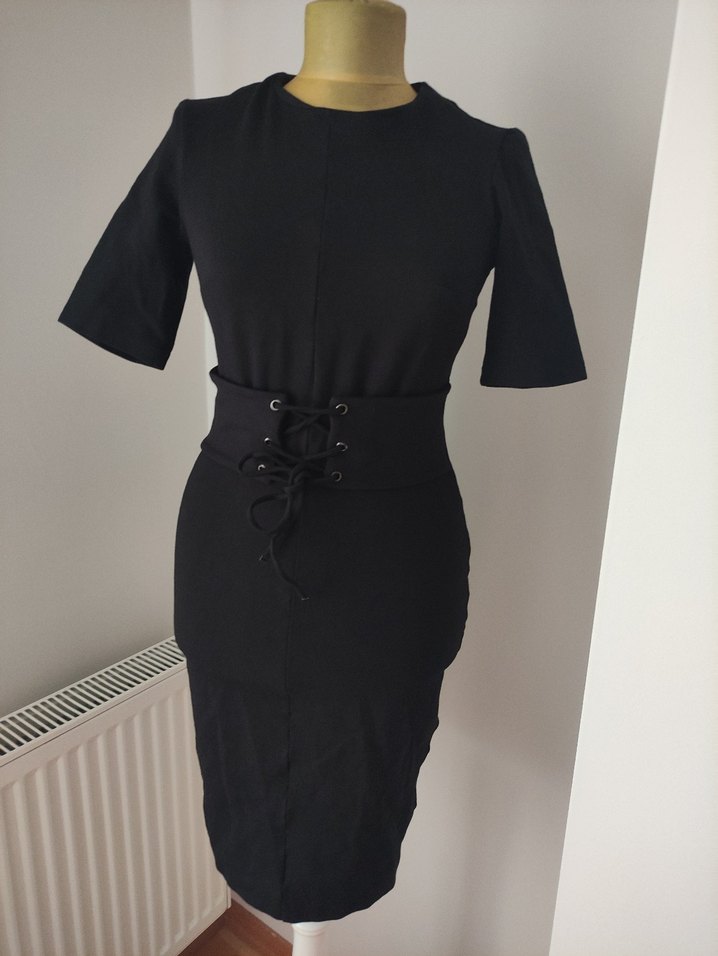 Siyah Kemerli Midi Kalem Elbise - Görsel 3