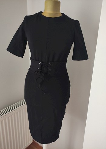 Siyah Kemerli Midi Kalem Elbise - Görsel 6