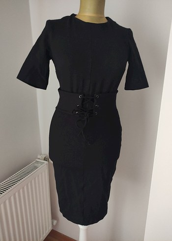 Siyah Kemerli Midi Kalem Elbise - Görsel 2