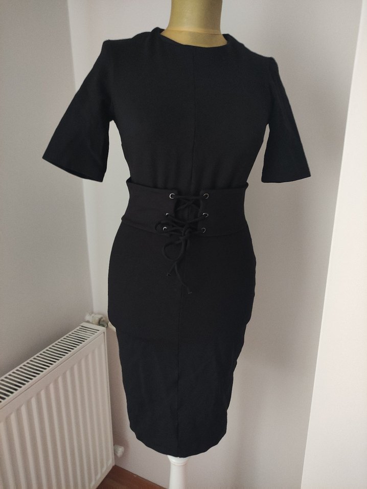 Siyah Kemerli Midi Kalem Elbise - Görsel 2