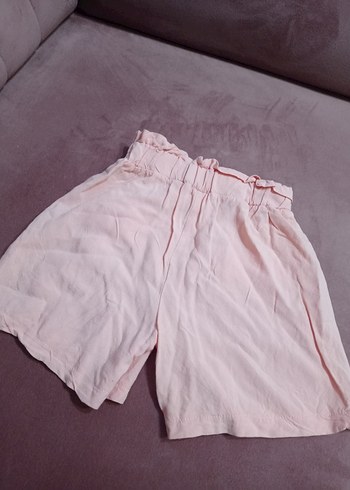 Pembe Mini Keten Şort Pilili