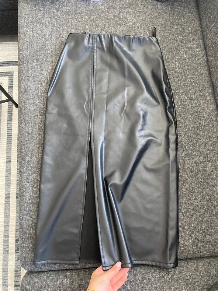 Kadın Siyah Deri Uzun Etek Fermuarlı - Görsel 4