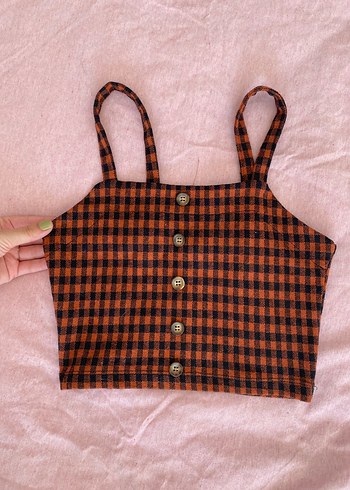 Düğmeli Kareli Kahverengi Crop Top