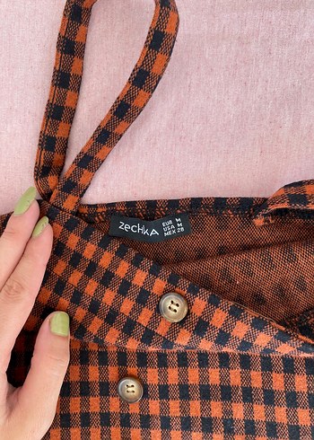s Beden kahverengi Renk Düğmeli Kareli Kahverengi Crop Top