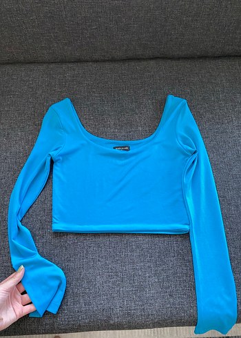 s Beden mavi Renk Uzun Kollu Mavi Kadın Crop Top