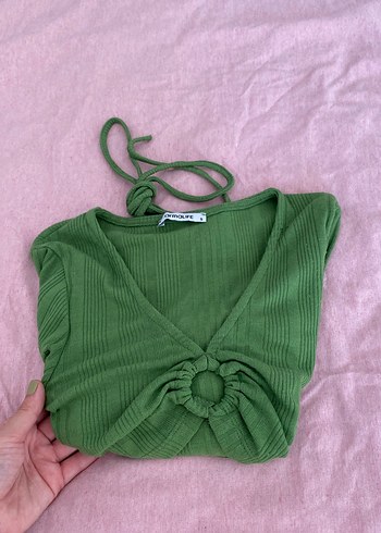 s Beden Yeşil Uzun Kollu Crop Bluz