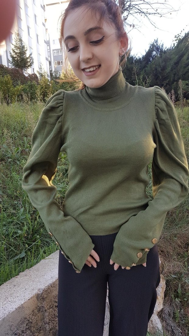 Kadın Haki Balıkçı Yaka Triko Kazak - Görsel 3