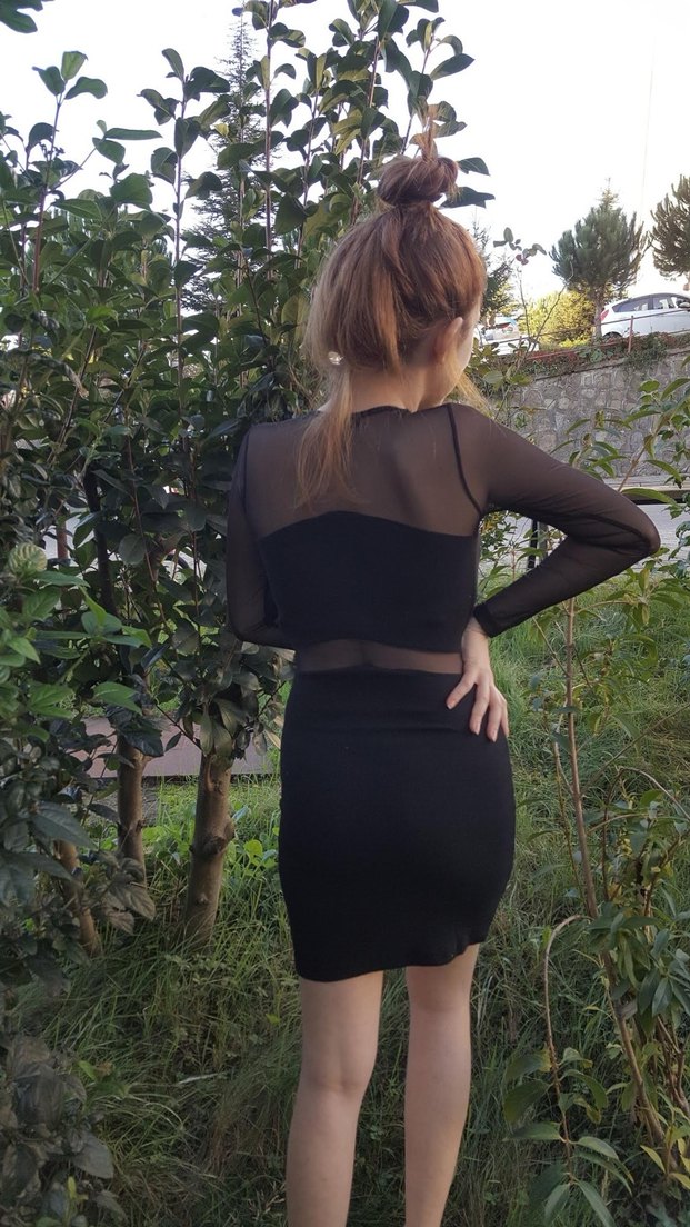 Uzun Kollu Transparan Siyah Midi Elbise - Görsel 2