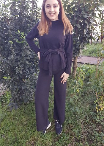 Siyah Uzun Kollu Belden Bağlamalı Takım - Görsel 3