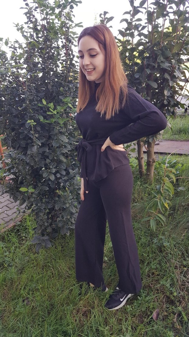 Siyah Uzun Kollu Belden Bağlamalı Takım - Görsel 2