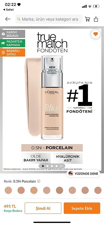 Loreal True Match Fondöten 0.5 Porcelain