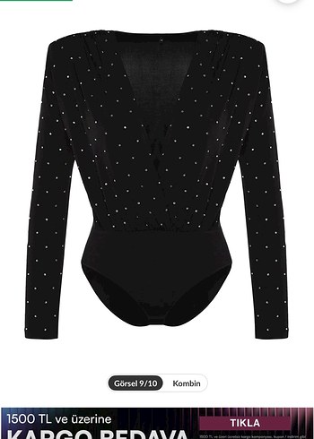 Pul İşlemeli Siyah Mini V Yaka Bluz - Görsel 7