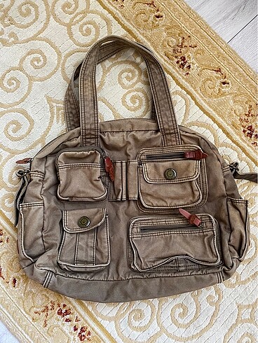 Vintage eksitme haki/kahve çok cepli çanta