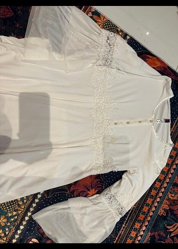 Nakışlı güpürlü Beyaz Uzun lohusa gecelik sabahlık takımı - Görsel 8