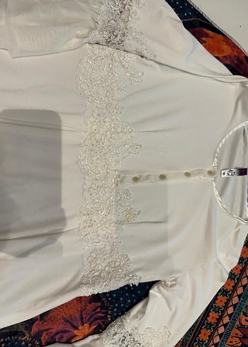 Nakışlı güpürlü Beyaz Uzun lohusa gecelik sabahlık takımı - Görsel 10