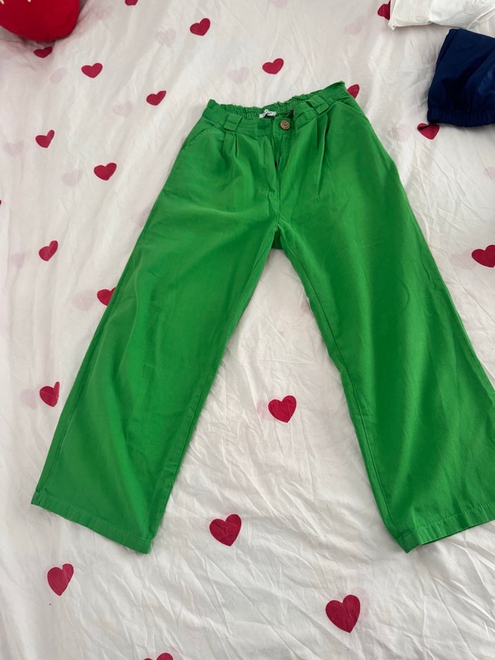 Yeşil Pamuklu Bol Kesim Midi Kadın Pantolon - Görsel 2