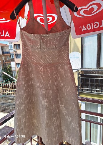 38 Beden haki Renk Askılı Midi Bej Elbise, %100 pamuk saten