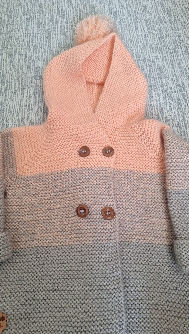 Kız Çocuk Kapüşonlu Örgü Hırka Gri-somon - Görsel 2