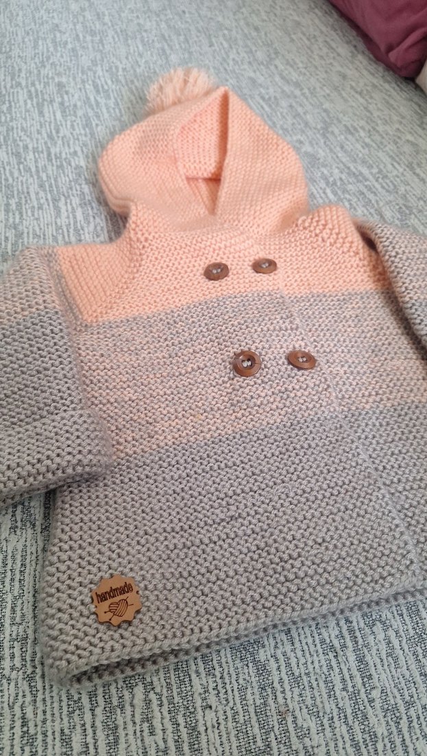 Kız Çocuk Kapüşonlu Örgü Hırka Gri-somon - Görsel 3