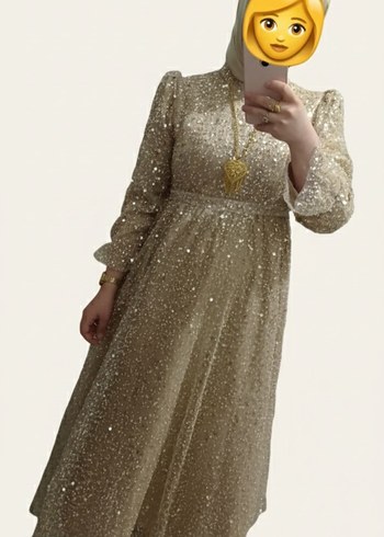 Abiye Uzun Kollu Parlak Gold Tesettür Abiye