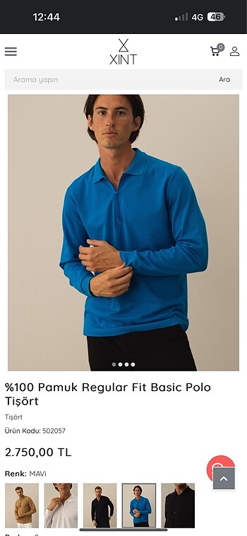 Mavi pamuklu uzun kollu Polo yaka sweatshirt