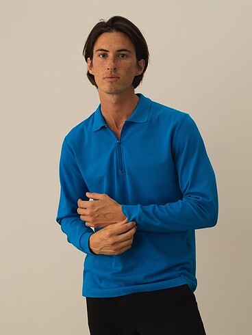 Beymen Mavi pamuklu uzun kollu Polo yaka sweatshirt