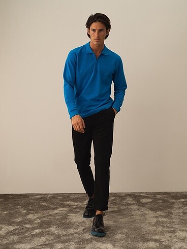 m Beden Mavi pamuklu uzun kollu Polo yaka sweatshirt