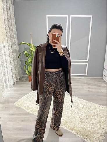 Leopar desen saten pantolon