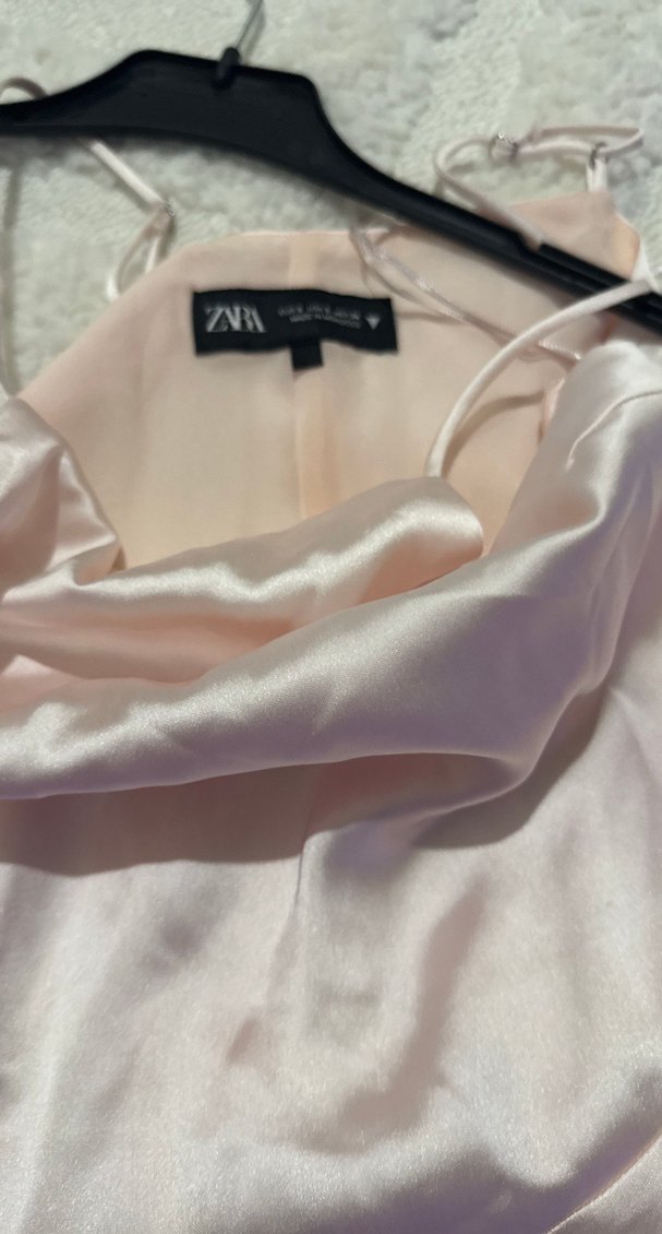 Pudra Pembe Midi Drapeli Straplez Elbise - Görsel 3