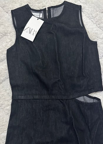 Zara Siyah Denim Midi Straplez Elbise