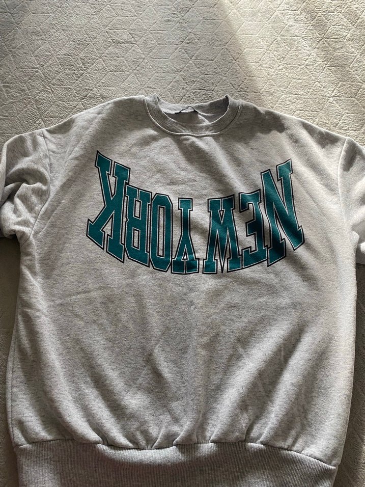 Gri New York Baskılı Salaş Sweatshirt - Görsel 2