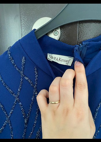 Mavi Uzun Kollu Payetli Kadın Abiye Elbise - Görsel 4