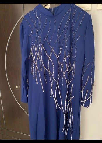 Mavi Uzun Kollu Payetli Kadın Abiye Elbise - Görsel 2