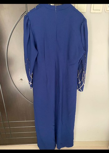 Mavi Uzun Kollu Payetli Kadın Abiye Elbise - Görsel 5