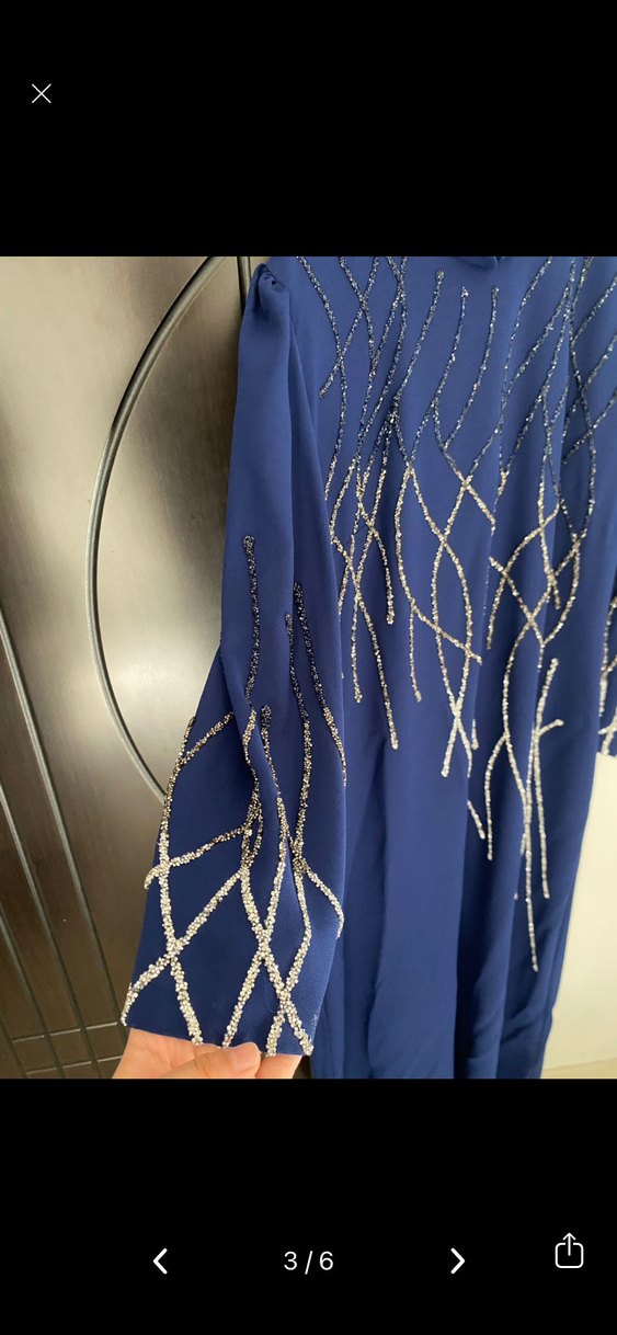 Mavi Uzun Kollu Payetli Kadın Abiye Elbise - Görsel 3