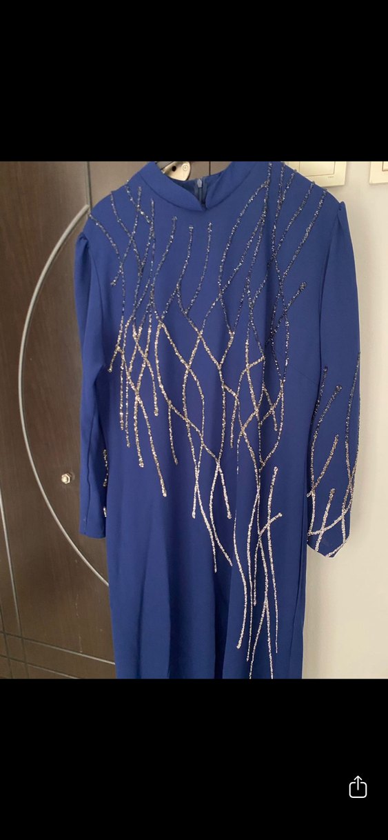 Mavi Uzun Kollu Payetli Kadın Abiye Elbise - Görsel 2