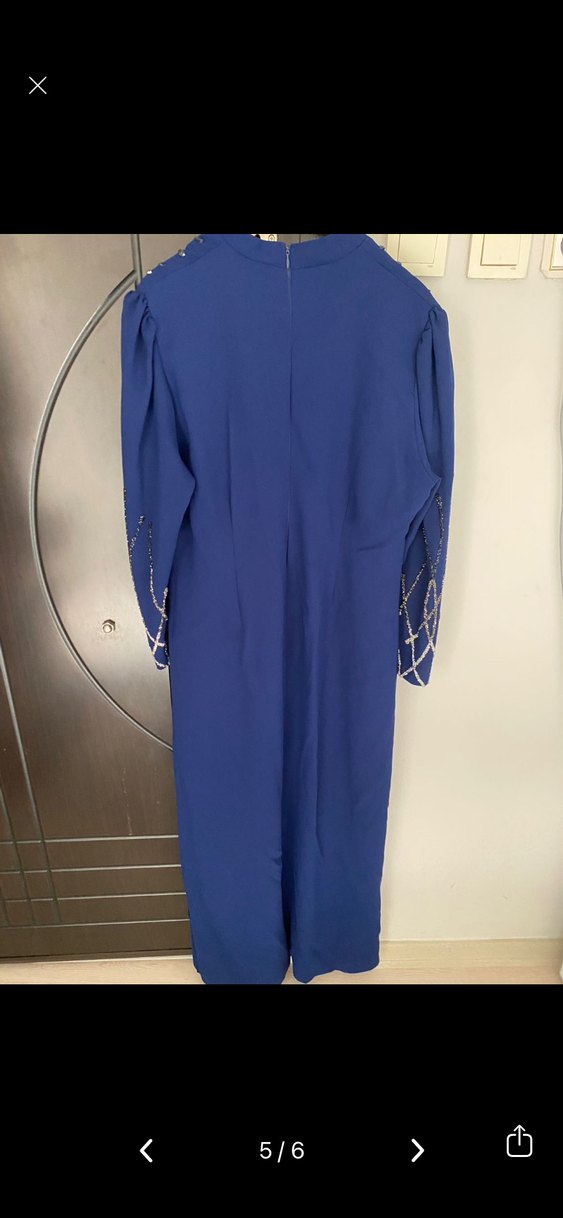 Mavi Uzun Kollu Payetli Kadın Abiye Elbise - Görsel 5