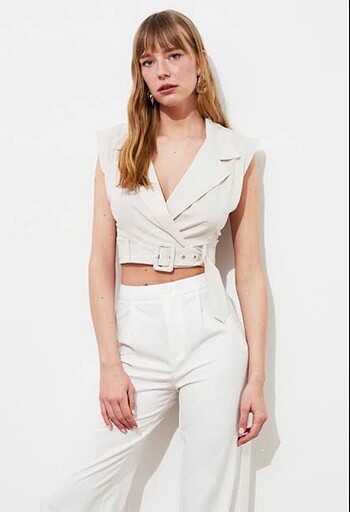 Diğer Ekru Crop Yelek Bluz