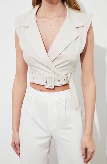 Ekru Crop Yelek Bluz