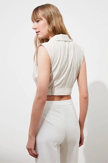 xs Beden Ekru Crop Yelek Bluz