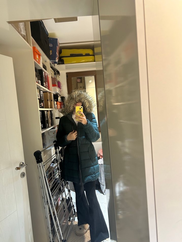 Siyah Denim Midi Kadın Kışlık Mont - Görsel 2