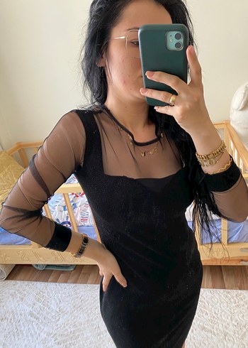 38 Beden siyah Renk Şeffaf Detaylı Siyah Mini Elbise